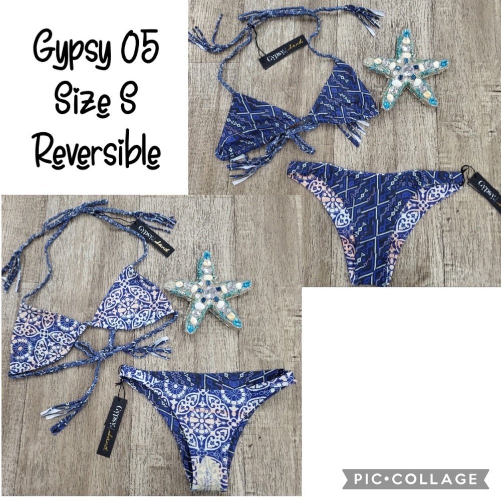 NEW! GYPSY 05 SAND Bikini Size S Small Racerback Top Cheeky Bottoms Blue Print